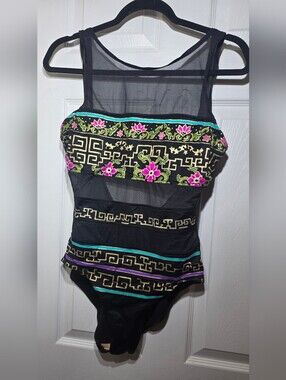 Catalina Vintage One Piece Swimsuit Black Mesh Floral Size 12 Made in USA
